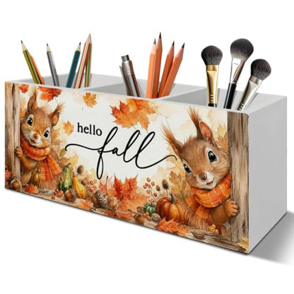 Hello Fall Squirrel Pen Pencil Holder Organizer for Desk - color: Fall squirrel