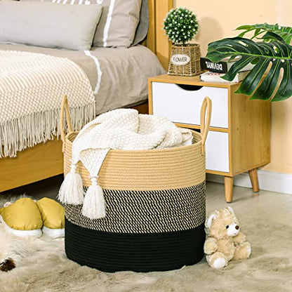 KAKAMAY Large Blanket Basket (18"x18"x16"),Woven Baby Laundry Hamper for Storage, Cotton Rope Blankets Baskets for Nursery, Laundry, Living Room, Pillows, Baby Toy Chest with Handles (Black) - color: Black