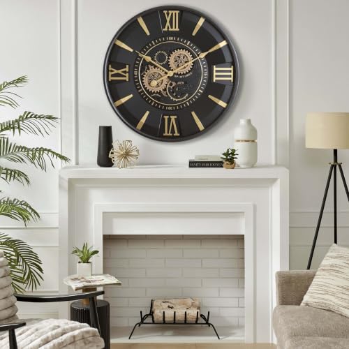 CLXEAST Mid Century Modern Black Gold 24 Inch Wall Clock with Moving Gears - color: Mid Century Modern Black/Gold, size: 24 Inch