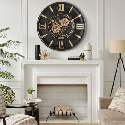CLXEAST Mid Century Modern Black Gold 24 Inch Wall Clock with Moving Gears - color: Mid Century Modern Black/Gold, size: 24 Inch