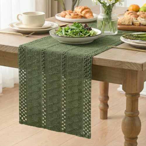 Artoid Mode Army Green Woven Farmhouse Hollow Table Runner 12x36 Inch - color: Army Green, size: 12" x 36", Table Runner