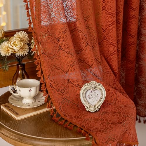 Sheer Boho Lace Curtains 84 Inches Long, Burnt Orange, Set of 2 Panels - color: Burnt Orange, size: 59"W x 84"L (Pack of 2)