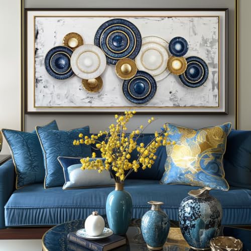 Wall Art Canvas Painting Blue and Yellow 24"x48" with Framed - color: 009-Metal, size: 48"L x 24"W
