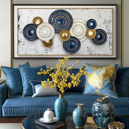 Wall Art Canvas Painting Blue and Yellow 24"x48" with Framed - color: 009-Metal, size: 48"L x 24"W