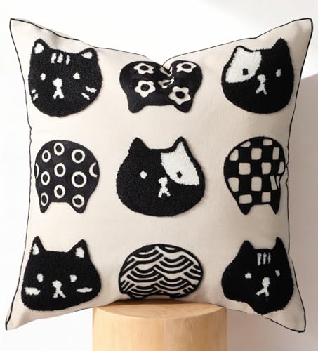 Embroidered Throw Pillow Cover 18x18 Inch, Cat Heads - color: Cat Heads, size: 18" x 18" (Pack of 1)