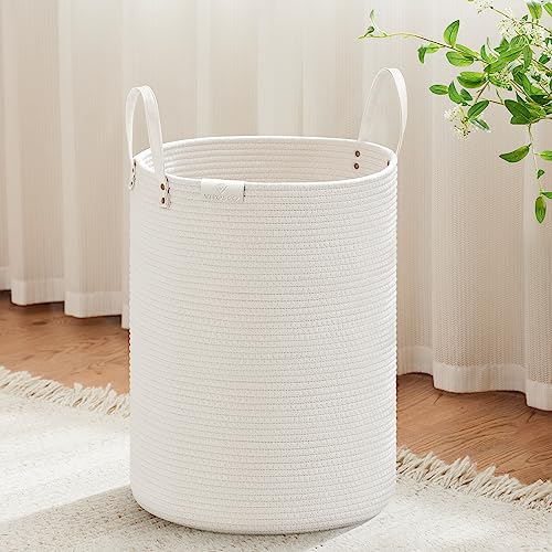 VIPOSCO 58L Tall Woven Rope Laundry Hamper, Leather Handles, White - color: White, size: 58L