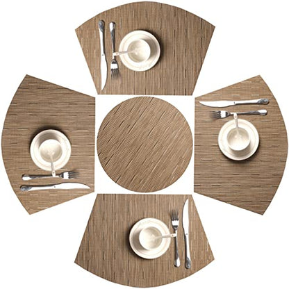 SHACOS Small Round Table Placemats Set of 5 Woven Vinyl Wedge Placemats with Centerpiece Round Table Mats Heat Resistant Wipe Clean (5, Tan) - color: Tan