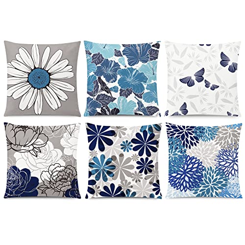 COMMINY Blue Grey Pillow Covers 16x16 Set of 6 Decorative Daisy Flower Throw Pillow Cover for Couch Modern Farmhouse Cushion Pillow Case for Living Room Patio Home Decor - color: Blue Daisy, size: 16" x 16" (Pack of 6)