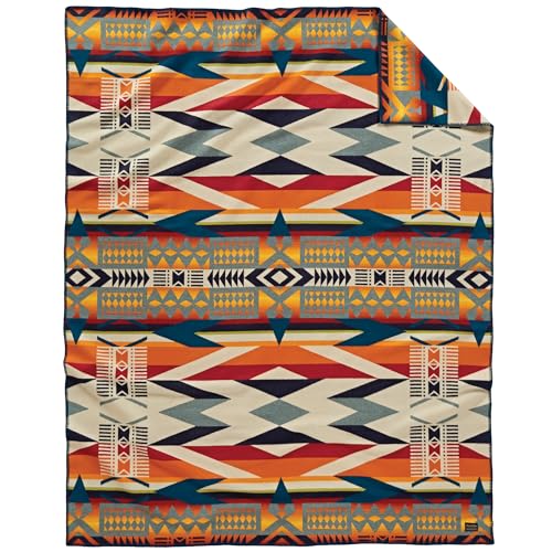 Pendleton Jacquard Unnapped Blanket, Wool Cotton Blend, Reversible, 64 x 80 - color: Fire Legend Sunset, size: Twin (64" x 80")