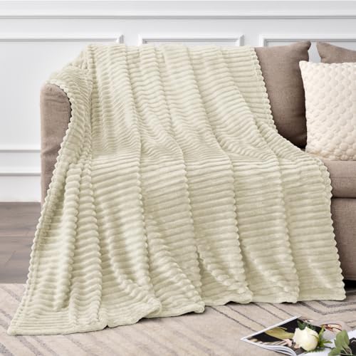 BEDELITE 3D Ribbed Jacquard Beige Fleece Twin Blanket for Couch, 60x80 Inch - color: Beige, size: Twin(60"x80")