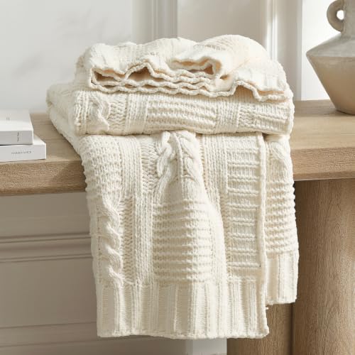 Amélie Home Chenille Knit Throw Blanket, Cream White 60"x80" - color: Cable Cream White, size: 60" X 80"