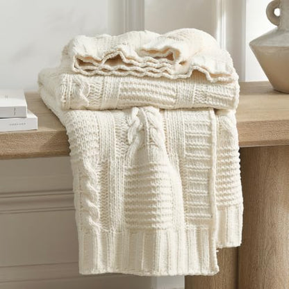 Amélie Home Chenille Knit Throw Blanket, Cream White 60"x80" - color: Cable Cream White, size: 60" X 80"