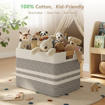 Nunsino 96L Blanket Basket with Leather Handles,Laundry Basket,Gray White - color: Grey White, size: 96L