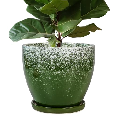 10 Inch Plant Pot - Ceramic Planters for Indoor Plants Outdoor, Large Planter with Drainage Hole and Saucer, Decorative Round Flower Pots, Garden House Decor, Gifts for Plant Lovers, Green - color: Blackish Green, size: 10 Inch