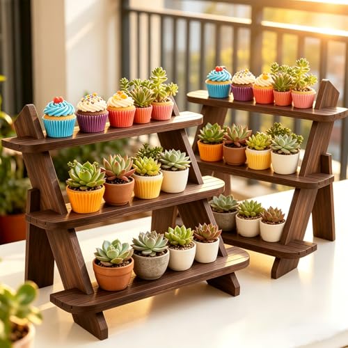Wooden Display Stand, Tiered Cupcake Stand, 3 Tier Display Stand Riser - color: 2Pcs-Walnut-3Tier