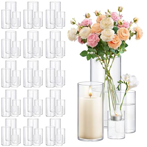 Homjoy 64 Pack Thick Glass Cylinder Vases 4,6,9,12 Inch Tall Clear Flower Vase Hurricane Floating Candle Holder for Table Centerpiece Wedding Home Decor - size: 64 Pack(4,6,9,12)