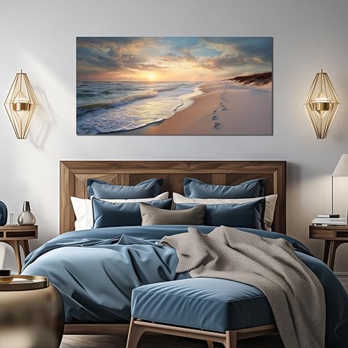 Ouzzlie Seascape Wall Art Gold Art for Office - color: Blue, size: 59"L x 29"W