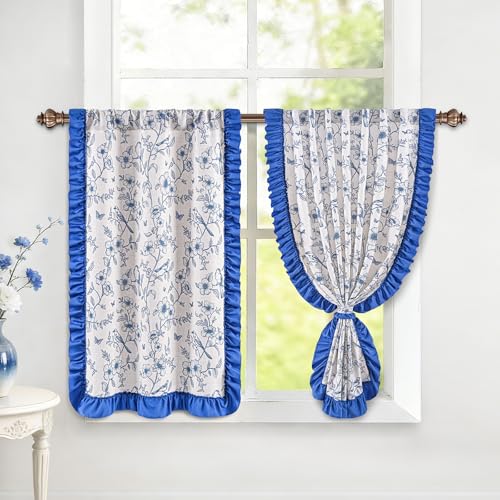 Yinhua Floral Kitchen Curtains 36 Inch with Ruffle Tieback, Farmhouse Vintage Linen Kitchen Window Curtains Over Sink, Light Filtering Rod Pocket Small Cafe Curtain, 26" W x 36" L, 2 Panels, Blue - color: Blue, size: 26"W x 36"L (Pack of 2)
