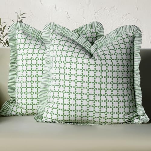 CPC Kelly Green Block Print Ruffle Pillow Cover 18x18 Inch, Pack of 2 - color: Kelly Green, size: 18" x 18" (Pack of 2)