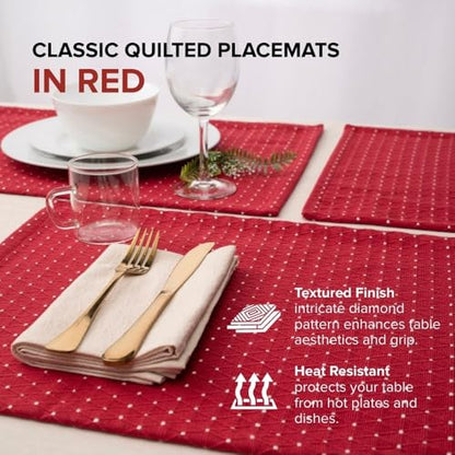 Cotton Placemats Set of 6-13x19 Inch, Diamond Quilted Place Mats, Durable & Elegant for Dining Table, Wedding, Restaurant, Machine Washable, Oeko-TEX Certified - Red - color: Red - Diamond Quilted