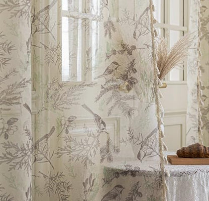 Birds Sheer Curtains 54 inch Long, Fringed Edges and Textured Semi Sheer Curtains Large Window Treatments for Living Room/Bedroom, 2 Panels - color: Birds, size: 52"W x 54"L (Pack of 2)