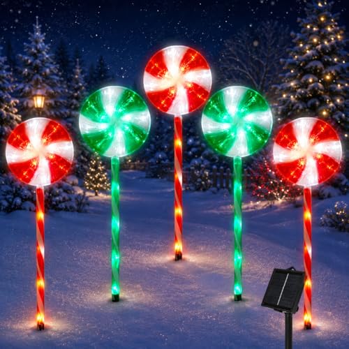 BRIGHTDECK 5 Pack Solar Christmas Pathway Lights, RedGreen Lollipop Stakes - color: RedGreen, size: 5Pack
