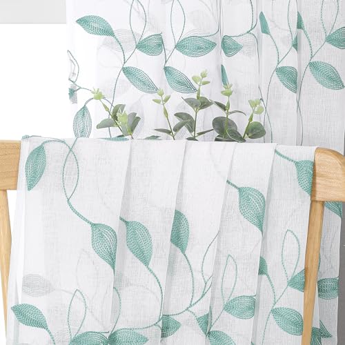 Tollpiz Teal Blue Leaf Sheer Tier Curtains Kitchen 30 x 24 Inches - color: Teal Blue, size: 30"W x 24"L (Pack of 2)