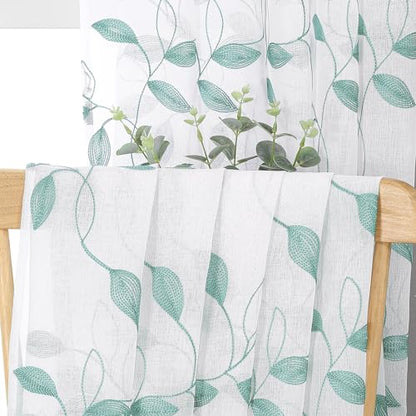 Tollpiz Teal Blue Leaf Sheer Tier Curtains Kitchen 30 x 24 Inches - color: Teal Blue, size: 30"W x 24"L (Pack of 2)