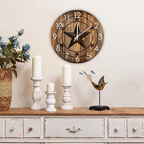 Wall Clock Western Texas Star Silent Battery Operated Rural Wood Clock Rustic Western Country Wall Decor for Bedroom Living Room Beach House Garden Deck - size: 12"x12"
