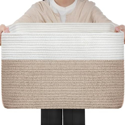Optish 75L Large Woven Blanket Basket, Storage Basket with Handles - color: White & Brown, size: 22" x 17" x 11.5"(75L)