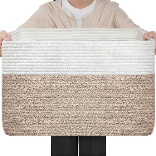 Optish 95L Large Woven Blanket Basket, Storage Basket with Handles - color: White & Brown, size: 24" x 17" x 13.5"(95L)