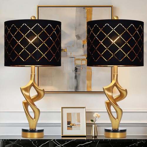 Ruzectt 29" Tall Black and Gold Table Lamps Set of 2 for Living Room, 3 Color Temperatures Bedside Lamps for Bedroom Nightstand, Modern Sculptural Resin Lamp with Grid Shade (2 LED Bulbs Included) - color: Black & Gold (2 Pack)