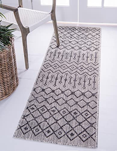 Unique Loom Outdoor Trellis Collection Area Rug - Tribal Trellis (2' x 8' Runner, Gray/ Black) - color: Gray/Black, size: 2' x 8' (Runner)