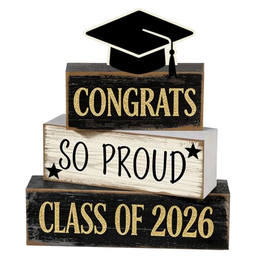 2026 Graduation Table Decorations Class of 2026 Senior Tiered Tray Decor Wooden Cap Block Signs Farmhouse Congrats Grad Tabletop Party Centerpiece for Tables Wooden Sign for Home Decor - style: Cap