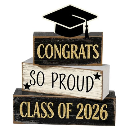 2026 Graduation Table Decorations Class of 2026 Senior Tiered Tray Decor Wooden Cap Block Signs Farmhouse Congrats Grad Tabletop Party Centerpiece for Tables Wooden Sign for Home Decor - style: Cap