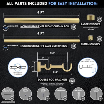 BlastHome® Luxury Fixed Length Double Curtain Rod, 4 ft, Brushed Gold - color: Brushed Gold, size: 4 foot, style: Double Rod