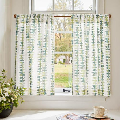 jinchan Sage Green Boho Linen Kitchen Tier Curtains 36 Inches 2 Panels - color: Tribal | Sage Green on Linen, size: 26"W x 36"L (Pack of 2)