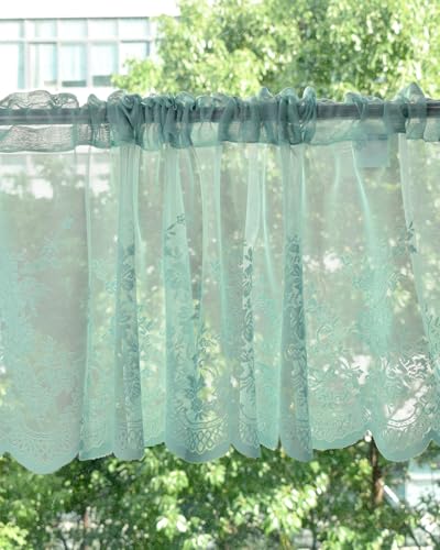 Molaxhome Kitchen Curtains Valance Blue Lace Floral Semi Sheer Curtain - color: Blue-green, size: 54"W x 24"L (Pack of 1)