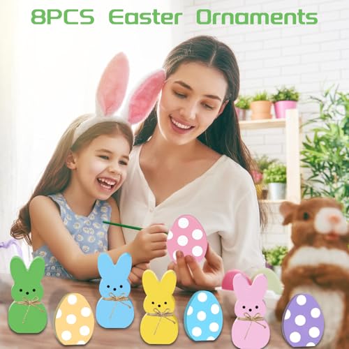 8Pcs Easter Bunny Decorations for Home - Wooden Eggs Table Decorations Signs - Spring Easter Tiered Tray Decor for Indoor Mantel Office - style: 8 PCS Bunny Eggs