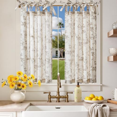 jinchan Taupe Floral Kitchen Tier Curtains Alisa 36 Inches Tie Top 2 Panles - color: Alisa Taupe on Linen, size: 26"W x 36"L (Pack of 2)