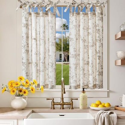 jinchan Taupe Floral Kitchen Tier Curtains Alisa 36 Inches Tie Top 2 Panles - color: Alisa Taupe on Linen, size: 26"W x 36"L (Pack of 2)
