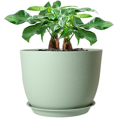 UOUZ 12inch Large Plant Pot, Modern Plastic Planter with High Driange Holes and Saucer for Indoor Outdoor Garden Plants and Flowers, Green - color: Green