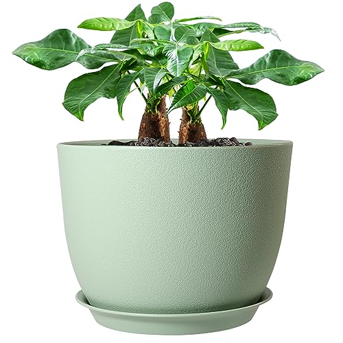 UOUZ 12inch Large Plant Pot, Modern Plastic Planter with High Driange Holes and Saucer for Indoor Outdoor Garden Plants and Flowers, Green - color: Green