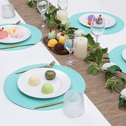 SHACOS Round Placemats Set of 6 Washable 15 inch Round Table Mats Cotton Polyester Woven Braided Place Mats for Dining Table (Aqua, 6) - color: Aqua, size: Set of 6