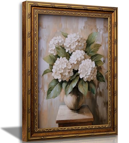 Vintage Gold Framed Hydrangea Wall Art Retro White Floral Canvas Wall Decor Vintage Hydrangea Picture Painting Rural Botanical Flower Print Artwrok for Living Room Bedroom Home Decor - color: White Hydrangea, size: 24"L x 16"W