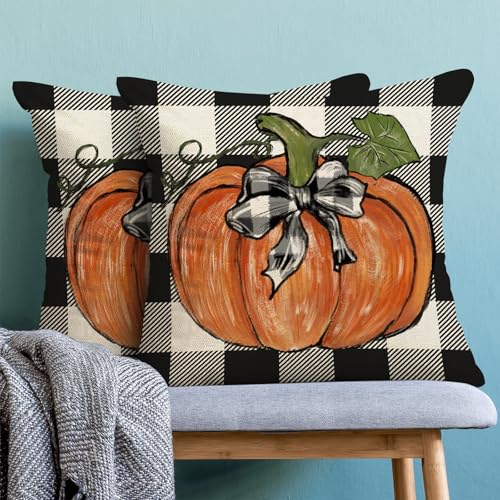 Fall Buffalo Plaid Orange Pumpkin Pillow Covers 18x18 Set of 2 - color: Black-buffalo Plaid Pumpkin, size: 18" x 18" (Pack of 2)