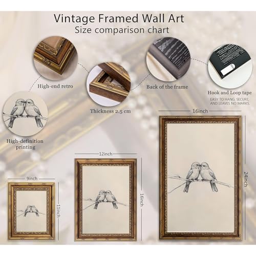 Vintage Gold Framed Wall Art Love Birds Sketch Canvas Print Romantic Couple Birds Line Drawing Painting for Bedroom Living Room Anniversary Wedding Gift Home Picture Decor 9X11 in - color: Birds, size: 9"L x 11"W