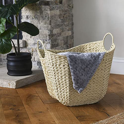 Household Essentials Cream Paper Rope Basket with Handles, Natural Woven Storage Basket - color: White Paper Rope
