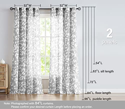 White Grey Leaf Curtains 54" Farmhouse Semi Sheer Window Treatments Drapes - color: Grey, size: 52"W x 54"L (Pack of 2)