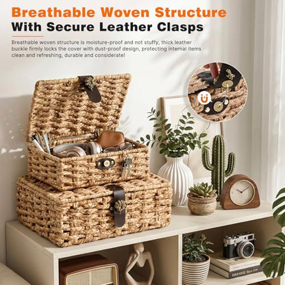 Storage Boxes with Lids, Set of 2 Water Hyacinth Wicker Baskets, Decorative Boxes for Home Decor, Coffee Table, Console Table and Bedroom, Magnetic Closures, Natural